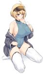  1girl absurdres ahoge blonde_hair blue_eyes blue_leotard breasts covered_navel goggles goggles_on_head griffon_(last_origin) highres huge_breasts kook last_origin leotard ribbed_leotard short_hair solo sweat thighhighs white_legwear 