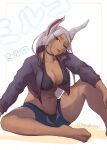  1girl ;p abs absurdres animal_ears barefoot bikini bikini_under_shorts black_bikini black_jacket blue_shorts boku_no_hero_academia breasts cleavage collarbone commentary crescent cropped_jacket dark-skinned_female dark_skin earclip earrings english_commentary feet gem head_tilt highres jacket jewelry knee_up large_breasts long_eyelashes long_hair looking_at_viewer mirko mixed-language_commentary navel one_eye_closed open_fly parted_bangs rabbit_ears rabbit_girl red_eyes red_gemstone shorts sitting solo sora_raion spanish_commentary stomach swimsuit thighs toes toned tongue tongue_out twitter_username white_hair 