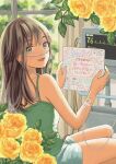  1girl absurdres brown_hair cardiogram flower green_eyes gucheng_jianglixiang highres holding holding_paper intravenous_drip long_hair looking_at_viewer looking_back nasal_cannula open_mouth original paper rose shorts sitting smile solo tank_top translation_request window 