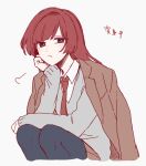 1girl blue_eyes blush frown hand_on_own_cheek hand_on_own_face jacket jacket_on_shoulders long_hair looking_at_viewer maco22 original pantyhose puff_of_air red_hair solo squatting sweater translation_request 