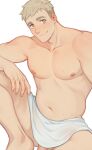  1boy bara blonde_hair brown_eyes closed_mouth dungeon_meshi erection highres laios_touden large_pectorals looking_at_viewer male_focus mori_doremi muscular muscular_male naked_towel navel nipples pectorals penis short_hair simple_background smile solo towel white_background 