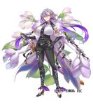  1girl belt breasts closed_mouth dress flower_knight_girl full_body high_heels large_breasts legs looking_at_viewer mataichi_mataro necktie official_art purple_eyes purple_hair red_eyes solo standing sword thighs weapon white_background white_dress white_hair yellow_eyes 
