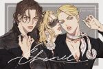  3boys aegyo_sal artist_name black_jacket black_nails blonde_hair blue_eyes brown_hair collarbone collared_shirt eye_mask film_grain hagiko15 highres illuso jacket jewelry jojo_no_kimyou_na_bouken lips long_hair long_sleeves looking_at_viewer male_focus melone multiple_boys necklace parted_bangs parted_lips pearl_necklace pectoral_cleavage pectorals prosciutto red_eyes scarf shirt twitter_username veins veiny_hands vento_aureo white_scarf 