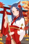  1girl animal_ears autumn_leaves blue_hair broom commission day daysss final_fantasy final_fantasy_xiv hair_ornament highres holding holding_broom japanese_clothes kanzashi kimono leaf long_hair long_sleeves looking_at_viewer maple_leaf miqo&#039;te outdoors skeb_commission sky slit_pupils smile solo stairs torii tree wide_sleeves yellow_eyes 
