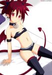  1girl absurdres arm_belt bare_shoulders bat_wings bed_sheet belt black_choker black_panties boots choker closed_mouth demon_girl demon_tail disgaea earrings etna_(disgaea) flat_chest hair_between_eyes highres jewelry kakujin light_blush looking_at_viewer makai_senki_disgaea navel on_bed panties patreon_logo patreon_username pillow pointy_ears red_eyes red_thighhighs short_hair short_twintails skull_earrings tail thigh_boots thighhighs twintails underwear wings 