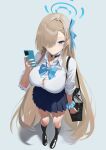  1girl absurdly_long_hair alternate_costume asuna_(blue_archive) bag black_choker blue_archive blue_bow blue_eyes blue_halo blue_nails bow breasts button_gap cellphone choker cleavage full_body halo highres holding holding_phone large_breasts light_brown_hair loafers long_hair looking_at_viewer nail_polish phone pleated_skirt school_uniform scrunchie shirt shoes shoulder_bag skirt smartphone smile solo standing su-102 very_long_hair white_background white_shirt wrist_scrunchie 