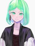  1other alternate_costume androgynous black_jacket breasts colored_eyelashes commentary_request earrings green_eyes green_hair hair_behind_ear highres houseki_no_kuni jacket jewelry layered_sleeves long_sleeves looking_at_viewer other_focus parody parted_bangs parted_lips phosphophyllite piyo3pr short_hair short_over_long_sleeves short_sleeves simple_background solo style_parody tassel tassel_earrings upper_body white_background 