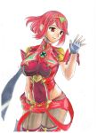  1girl backless_outfit black_gloves bob_cut breasts chest_jewel core_crystal_(xenoblade) drop_earrings earrings fingerless_gloves gloves highres impossible_clothes jewelry large_breasts pantyhose pantyhose_under_shorts pyra_(xenoblade) red_eyes red_hair red_shorts short_hair short_sleeves shorts sketch skindentation solo super_smash_bros. suspenders swept_bangs thighhighs thighhighs_over_pantyhose tiara watari_(eaka) xenoblade_chronicles_(series) xenoblade_chronicles_2 