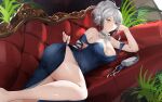  1girl baige0 bare_shoulders blue_dress blush breasts closed_mouth commentary couch dress earrings english_commentary eternity_(reverse:1999) grey_hair highres jewelry large_breasts looking_at_viewer medium_hair off_shoulder ponytail reverse:1999 smile solo thighs 