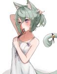  1girl absurdres adjusting_hair animal_ear_fluff animal_ears bell breasts cat_ears cat_girl cat_tail fosqie green_hair highres holding_own_hair jingle_bell mouth_hold nightgown original purple_eyes ribbon ribbon_in_mouth short_hair sleeveless tail tail_bell tail_ornament white_nightgown 