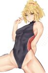  1girl abs absurdres alternate_costume blonde_hair breasts commentary deccatezu english_commentary fate/grand_order fate_(series) green_eyes hair_ornament hair_scrunchie highres mordred_(fate) navel red_scrunchie scrunchie small_breasts solo spread_legs swimsuit two-tone_swimsuit v 