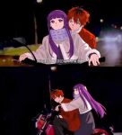  1boy 1girl artist_name black_dress black_gloves black_pants chinese_text commentary dress english_commentary expressionless fern_(sousou_no_frieren) film_grain gloves grimpo_027 jacket long_hair motor_vehicle motorcycle outdoors pants parody purple_hair purple_scarf red_hair red_jacket road scarf scene_reference short_hair sousou_no_frieren stark_(sousou_no_frieren) translation_request twitter_username 