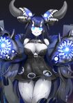  1girl abyssal_ship atoll_aircraft_carrier_anchorage_princess bare_shoulders black_dress black_hair black_panties blue_eyes breasts cleavage colored_skin cracked_skin dress glowing glowing_eyes grey_skin grin highres horns kantai_collection kodama_(mmt_uf) large_breasts long_hair looking_at_viewer panties saliva simple_background smile solo teeth underwear very_long_hair white_skin 