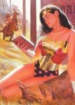  2girls alex_ross black_hair book bracelet breasts dc_comics earrings highleg highleg_leotard highres holding holding_book jewelry kangaroo leotard medium_breasts multiple_girls on_grass reading sitting strapless strapless_leotard wonder_woman wonder_woman_(series) 