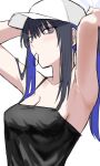  1girl aegyo_sal armpits arms_up baseball_cap black_camisole black_eyes blue_archive blue_hair blush breasts camisole cleavage collarbone egomeshi hair_tie hair_tie_in_mouth halo hat looking_at_viewer mouth_hold multicolored_hair ponytail purple_hair saori_(blue_archive) sidelocks solo tying_hair white_hat 