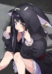  1girl animal_hood belt black_hair black_jacket cat_hood closed_mouth commentary_request grey_eyes hood hood_up hooded_jacket jacket kin_niku lipstick long_hair long_sleeves looking_at_viewer makeup nyantan red_belt red_lips sakurane_shouka shin_subarashiki_kono_sekai sitting solo subarashiki_kono_sekai 