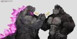  2boys abs aokmaidu bara black_fur cowboy_shot dinosaur_boy epic_handshake_(meme) from_side furrification furry furry_male glowing godzilla godzilla_(series) gorilla_boy highres king_kong large_pectorals male_focus meme multiple_boys muscular muscular_male nipples pectorals profile shin_godzilla strongman_waist thick_eyebrows 