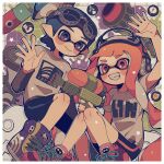  1boy 1girl blue_eyes blue_hair border commentary_request cross-laced_footwear gameplay_mechanics goggles goggles_on_head grid_background gun headphones highres holding holding_gun holding_weapon inkling inkling_boy inkling_girl inkling_player_character inkstrike_(splatoon) inkzooka_(splatoon) killer_wail_(splatoon) long_hair multicolored_background orange_eyes orange_hair pointy_ears print_shirt seeker_(splatoon) shirt shoes short_hair smile splatoon_(series) splatoon_1 splattershot_(splatoon) tama5sp teeth tentacle_hair waving weapon white_border white_shirt 