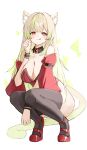  1girl absurdres animal_ears blonde_hair cat_ears commission detached_sleeves green_hair highres licking_lips long_hair looking_at_viewer multicolored_hair original red_eyes shiro_wa_(shiroshironix) skeb_commission solo squatting tail thighhighs tongue tongue_out 