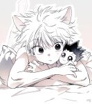  1boy animal_ears bare_arms bare_shoulders bed_sheet cat_ears character_doll closed_mouth crossed_arms fang fang_out gon_freecss highres hunter_x_hunter kemonomimi_mode killua_zoldyck lying male_focus monochrome noeardog on_bed on_stomach outline pillow short_hair sideways_glance sleeveless solo spiked_hair 