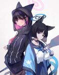  2girls amana_(pocketkey) animal_ear_fluff animal_ear_hood animal_ears back-to-back black_choker black_eyes black_hair black_hoodie black_pantyhose blue_archive blue_neckerchief blue_sky blush cat&#039;s_cradle cat_day cat_ears choker collarbone colored_inner_hair cowboy_shot extra_ears gun hair_ornament hairclip halo hand_in_pocket haori haori_on_shoulders highres hood hood_up hoodie japanese_clothes kazusa_(blue_archive) kikyou_(blue_archive) long_sleeves looking_at_viewer multicolored_hair multiple_girls neckerchief pantyhose pink_eyes pink_hair pink_neckerchief ribbon_choker sailor_collar sky weapon 
