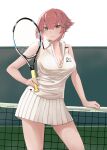  1girl breasts brown_hair cleavage commentary_request cowboy_shot green_eyes highres holding holding_racket jouzaburou_(joe3) kantai_collection large_breasts mutsu_(kancolle) pleated_skirt racket shirt short_hair skirt sleeveless sleeveless_shirt solo sportswear tennis_net tennis_racket tennis_uniform white_shirt white_skirt 