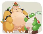 0907_kapi 2024 anthro balls belly big_belly blush bowser duo english_text erection genitals green_body hi_res kemono koopa male male/male mario_bros nintendo obese obese_male overweight overweight_male penis penis_size_difference scalie simple_background small_penis text yoshi