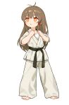  1girl absurdres barefoot belt black_belt bright_pupils brown_hair chinese_commentary commentary_request dougi full_body highres kuma-bound long_hair looking_up martial_arts_belt open_mouth orange_eyes original pants sidelocks simple_background solo standing toes white_background white_pants white_pupils 