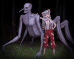  1girl baggy_pants bow bright_pupils collared_shirt dress_shirt fujiwara_no_mokou grey_hair hair_bow hand_on_another&#039;s_shoulder hand_on_own_hip head_tilt highres long_hair looking_at_viewer lower_teeth_only monster multiple_hair_bows ofuda ofuda_on_clothes pants red_eyes red_footwear red_pants round_teeth shirt shirt_tucked_in short_hair sleeves_rolled_up suspenders teeth touhou white_shirt wuschelminityp 