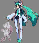  1girl adapted_costume aqua_hair aqua_necktie arm_at_side armor bodysuit brown_eyes collared_shirt commentary crossover english_commentary full_body green_footwear green_hair grey_background hatsune_miku headphones highres joints kaatokun long_hair looking_ahead low_twintails mega_mewtwo_y mewtwo necktie pokemon project_voltage reaching red_eyes robot_joints shirt simple_background sparkle standing tie_clip twintails very_long_hair vocaloid 