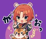  1boy :3 amagi_hana animal blush chibi claw_pose drawn_ears drawn_tail ensemble_stars! fang green_eyes japanese_clothes long_sleeves male_focus open_mouth orange_hair parted_bangs purple_background short_hair smile solo sparkle tiger translation_request tsukinaga_leo wristband 