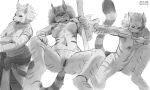 absurd_res anthro anus breasts crouching fangs felid feline female greyscale hi_res holding_object holding_weapon looking_at_viewer looking_down looking_down_at_viewer mammal melee_weapon monochrome nude polearm sabertooth_(anatomy) smile solo spear teeth the-minuscule-task tribal weapon