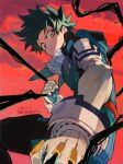  1boy artist_name black_whip_(boku_no_hero_academia) blue_bodysuit blue_gloves bodysuit boku_no_hero_academia bright_pupils clenched_hand closed_mouth cloud commentary_request evening film_grain foreshortening freckles from_side frown furrowed_brow gloves green_eyes green_hair looking_at_viewer looking_down looking_to_the_side male_focus mask mask_around_neck matsuya_(pile) midoriya_izuku mouth_mask orange_sky outdoors partial_commentary serious short_hair sky solo tendril turning_head v-shaped_eyebrows white_gloves white_pupils 