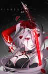  1girl absurdres acheron_(honkai:_star_rail) armband black_armband blood blood_from_eyes breasts cleavage highres holding holding_sword holding_weapon honkai:_star_rail honkai_(series) katana parted_lips red_eyes ringeko-chan sword weapon white_hair 
