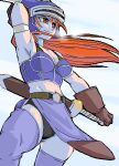  1girl armlet armor armpits belt black_panties blue_armor blue_thighhighs breasts brown_eyes brown_gloves brown_hair closed_mouth daisy_(dq) dragon_quest dragon_quest_yuusha_abel_densetsu fake_horns gloves helmet horned_helmet horns long_hair lowres midriff navel panties smile solo sorashu sword thighhighs underwear weapon 