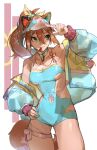  1girl bandaid bandaid_on_face bandaid_on_nose breasts brown_hair clothing_cutout colored_inner_hair dog_girl dog_tail green_eyes green_hair hair_ornament hair_scrunchie highres indie_virtual_youtuber kuno_(runkunochan) lifeguard miyoshino_shiki multicolored_hair nail_polish navel_cutout paw_print ponytail power_symbol prism_project prosthetic_ear scrunchie see-through_swimsuit solo swimsuit tail thigh_strap visor_cap whistle 