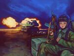  1girl absurdres aks-74u assault_rifle black_hair blunt_bangs bocchi_the_rock! choker colored_inner_hair crate explosion firing green_eyes gun headphones highres jacket kalashnikov_rifle long_hair long_sleeves looking_at_viewer magazine_(weapon) military military_uniform military_vehicle motor_vehicle multicolored_hair night night_sky pa-san purple_hair rifle rlsvd_rlsvd sky tank tongue tongue_out uniform weapon 