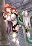  1girl absurdres black_gloves black_thighhighs breasts brown_eyes brown_hair cameltoe cape celica_(fire_emblem) cleft_of_venus commission earrings fingerless_gloves fire_emblem fire_emblem_echoes:_shadows_of_valentia gloves hairband highres jewelry large_breasts leg_armor long_hair nao_takami panties pants restrained scared skeb_commission solo standing standing_on_one_leg tentacles thighhighs thighs torn_cape torn_clothes torn_pants underwear white_hairband white_panties 