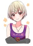  1girl armpits bangs earrings exposed_shoulders grey_hair idolmaster idolmaster_cinderella_girls jacket jacket_removed jewelry looking_at_viewer necklace orange_eyes senzaki_ema sleeveless tottoto_tomekichi 