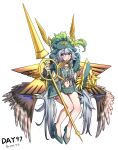  1girl absurdres alternate_costume arknights armor breasts brown_feathers brown_wings cleavage clothing_cutout commentary_request cosplay cosplay_request dated digimon faulds feathers flying_sweatdrops gaoling_gangqin helmet high_heels highres holding holding_polearm holding_shield holding_weapon long_hair looking_at_viewer low_wings mulberry_(arknights) navel navel_cutout ofanimon ofanimon_(cosplay) open_mouth polearm shield simple_background solo very_long_hair weapon white_background white_hair wings 