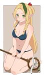  1girl bare_shoulders bikini blonde_hair blue_bikini blush bow braid breasts dungeon_meshi elf green_eyes hair_bow hair_ornament highres holding holding_staff long_hair looking_at_viewer marcille_donato medium_breasts navel pointy_ears simple_background sitting solo staff surippa1010 swimsuit twin_braids wariza 