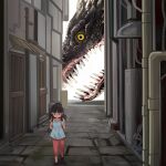  1girl absurdres alley backpack bag bangs black_hair highres industrial_pipe long_hair monster okbnkn original pants pink_pants shadow shirt short_sleeves walking white_shirt wide_shot yellow_eyes 