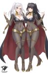  2girls absurdres artist_logo artist_name black_hair blush bodystocking breasts brown_eyes cape cleavage cleavage_cutout clothing_cutout commission cosplay fire_emblem fire_emblem_awakening full_body hair_ornament high_heels highres kaos_art large_breasts long_hair multiple_girls navel patreon_username robin_(female)_(fire_emblem) robin_(fire_emblem) simple_background stomach tharja_(fire_emblem) tharja_(fire_emblem)_(cosplay) twintails white_background white_hair 
