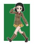  1girl black_eyes black_hair blunt_bangs blunt_ends bob_cut boots brown_footwear brown_jacket chi-hatan_military_uniform closed_mouth girls_und_panzer green_background jacket knee_boots long_sleeves looking_at_viewer military_uniform miniskirt nishihara_yasoko outline pleated_skirt salute short_hair skirt smile solo takahashi_kurage textless_version uniform walking white_outline yellow_skirt 