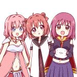  3girls ahoge akaza_akari blue_eyes brown_eyes commentary_request crossover double_bun endro! flower hair_flower hair_ornament holding looking_at_viewer mesushio minamoto_momo multiple_girls namori_(character) nanamori_school_uniform open_mouth pink_hair purple_eyes purple_hair red_hair release_the_spyce school_uniform white_background yuria_shardet yuru_yuri 