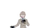  1boy :d akechi_gorou black_gloves blue_necktie blush brown_coat brown_hair chinese_commentary closed_eyes coat collared_shirt commentary_request facing_viewer gloves hair_between_eyes hand_on_own_chest loki_(persona_5) long_sleeves male_focus musical_note necktie one-hour_drawing_challenge open_mouth persona persona_(summon) persona_5 shenhaihua shirt short_hair smile solo striped_necktie thumbnail_surprise transparent_background upper_body white_shirt wing_collar 