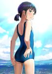  1girl adjusting_clothes adjusting_swimsuit ass black_hair blue_eyes blue_one-piece_swimsuit blue_sky blush cloud commentary_request cowboy_shot day flat_chest from_behind hiyori_mizuki horizon looking_at_viewer looking_back one-piece_swimsuit original outdoors parted_lips school_swimsuit short_hair short_twintails sky solo swimsuit twintails water 