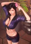  1girl 3d arms_up belt black_hair blurry blurry_background breasts brown_belt closed_mouth crop_top denim denim_shorts final_fantasy final_fantasy_vii final_fantasy_vii_rebirth final_fantasy_vii_remake flower from_above hair_flower hair_ornament hibiscus highres large_breasts lips pink_flower red_eyes short_shorts shorts solo sreliata tifa_lockhart tifa_lockhart_(majestic_glamour) tying_hair whale_tail_(clothing) 
