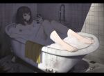  1girl 1other barefoot bath bathing bathtub black_hair blood blood_on_face breasts cellphone claw_foot_bathtub closed_mouth commentary_request corpse drain_(object) highres holding holding_phone jchoy medium_breasts nude original partially_submerged phone tile_wall tiles towel 
