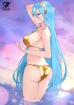  1girl alternate_costume arm_up artist_logo ass azura_(fire_emblem) bikini blue_hair breasts butt_crack closed_mouth cloud facing_to_the_side fire_emblem fire_emblem_fates from_behind gold_bikini gold_choker gold_hairband gradient_sky hairband hand_up highres kaos_art large_breasts long_hair looking_to_the_side purple_sky sideboob sky solo sparkle strap_gap swimsuit very_long_hair wading water wet yellow_eyes yellow_sky 